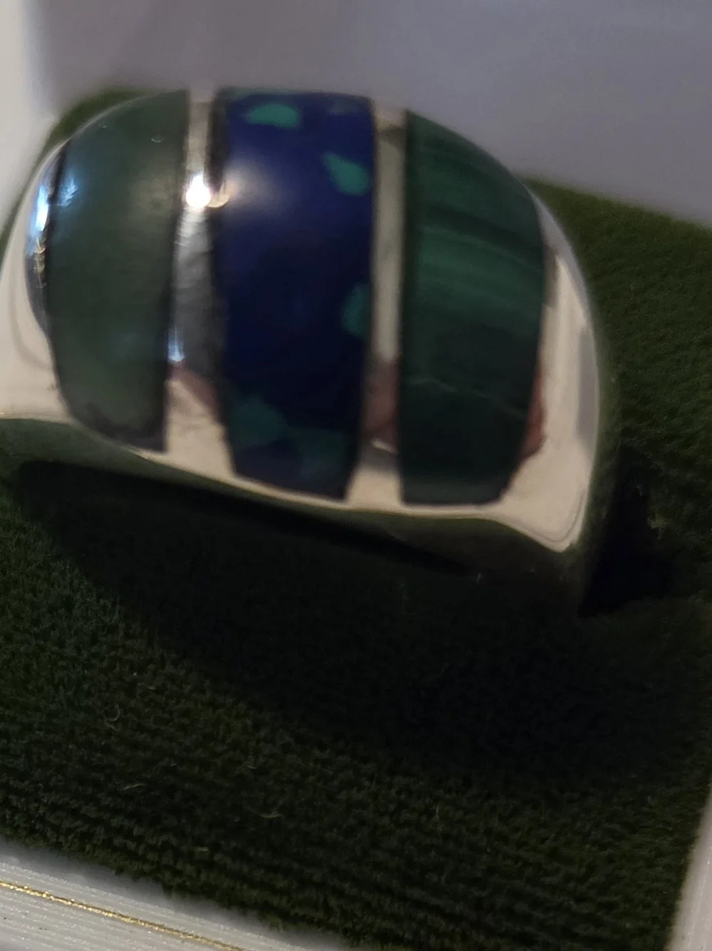 Men's Silver Ring with Green and Blue Inlay